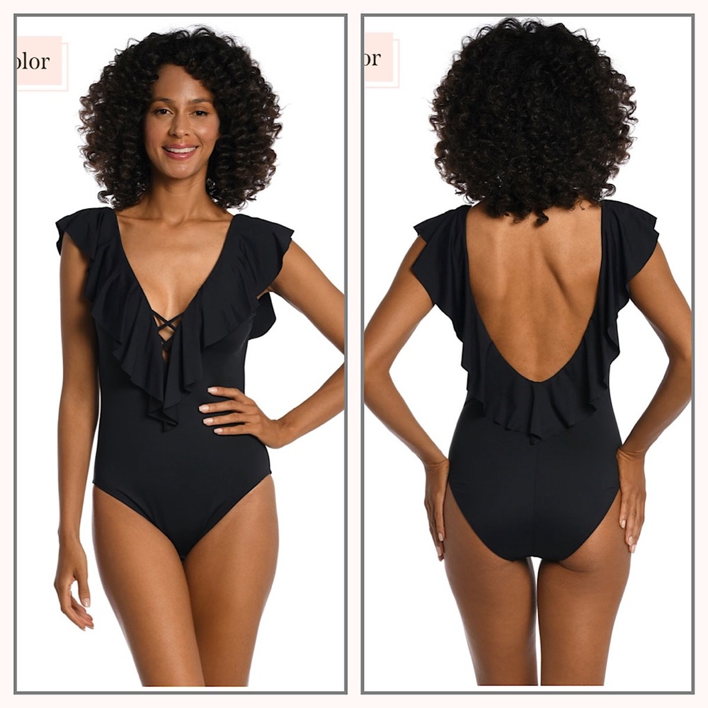 La Blanca Island Goddess Over The Shoulder Ruffle Plunge One Piece swimsuit Sz 6